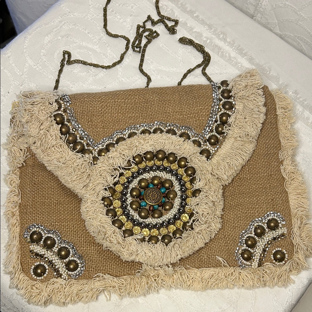 LE BELLUM Hillary Scott Cream beaded Bohemian Fringe Envelope crossbody